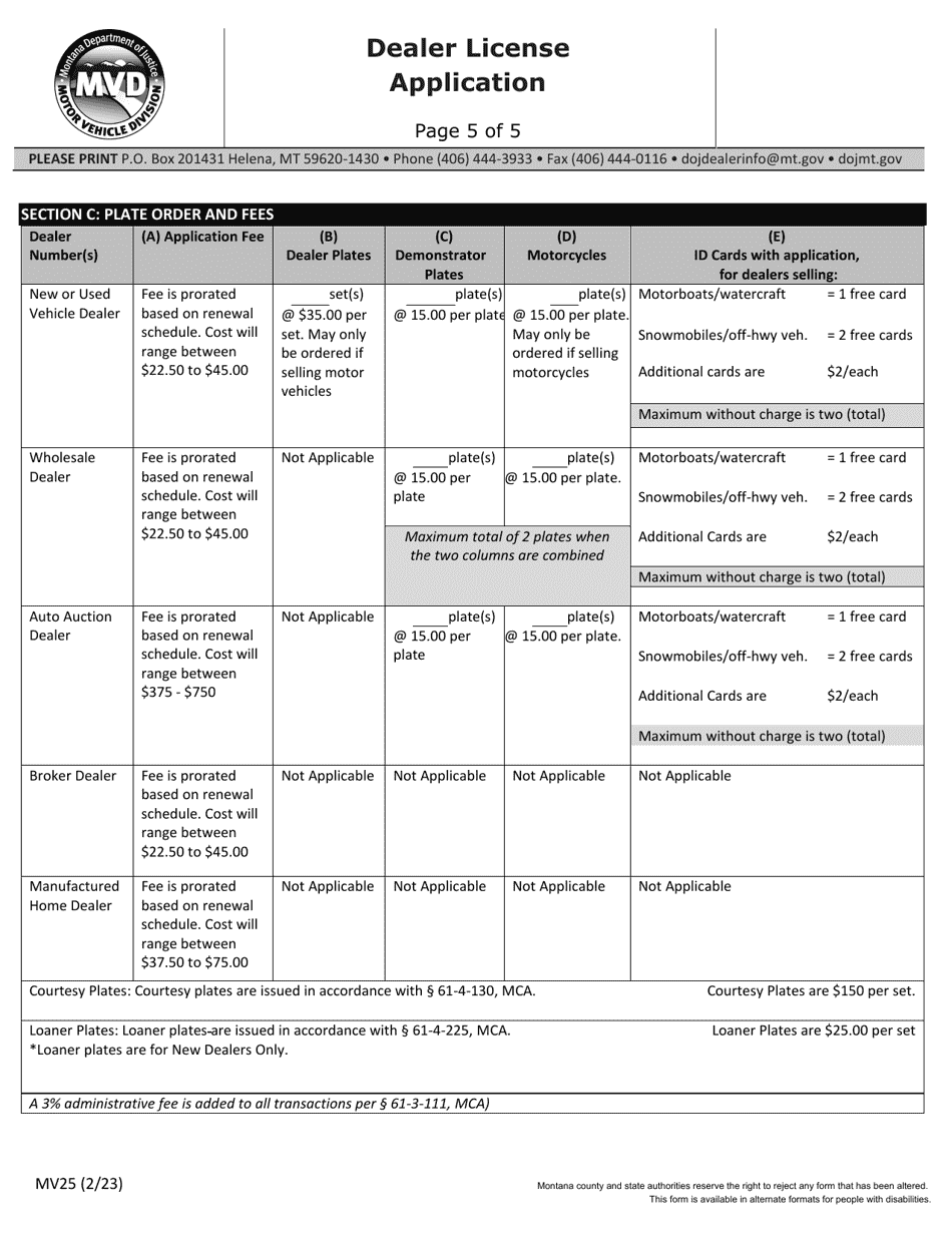 Form MV25 Dealer License Application - Montana, Page 5