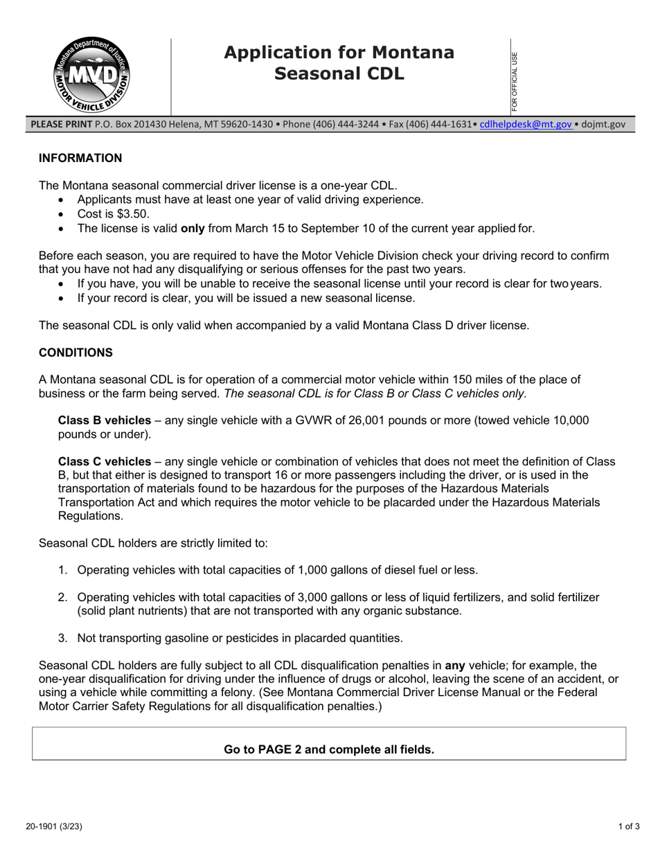 Form 20-1901 Application for Montana Seasonal Cdl - Montana, Page 1