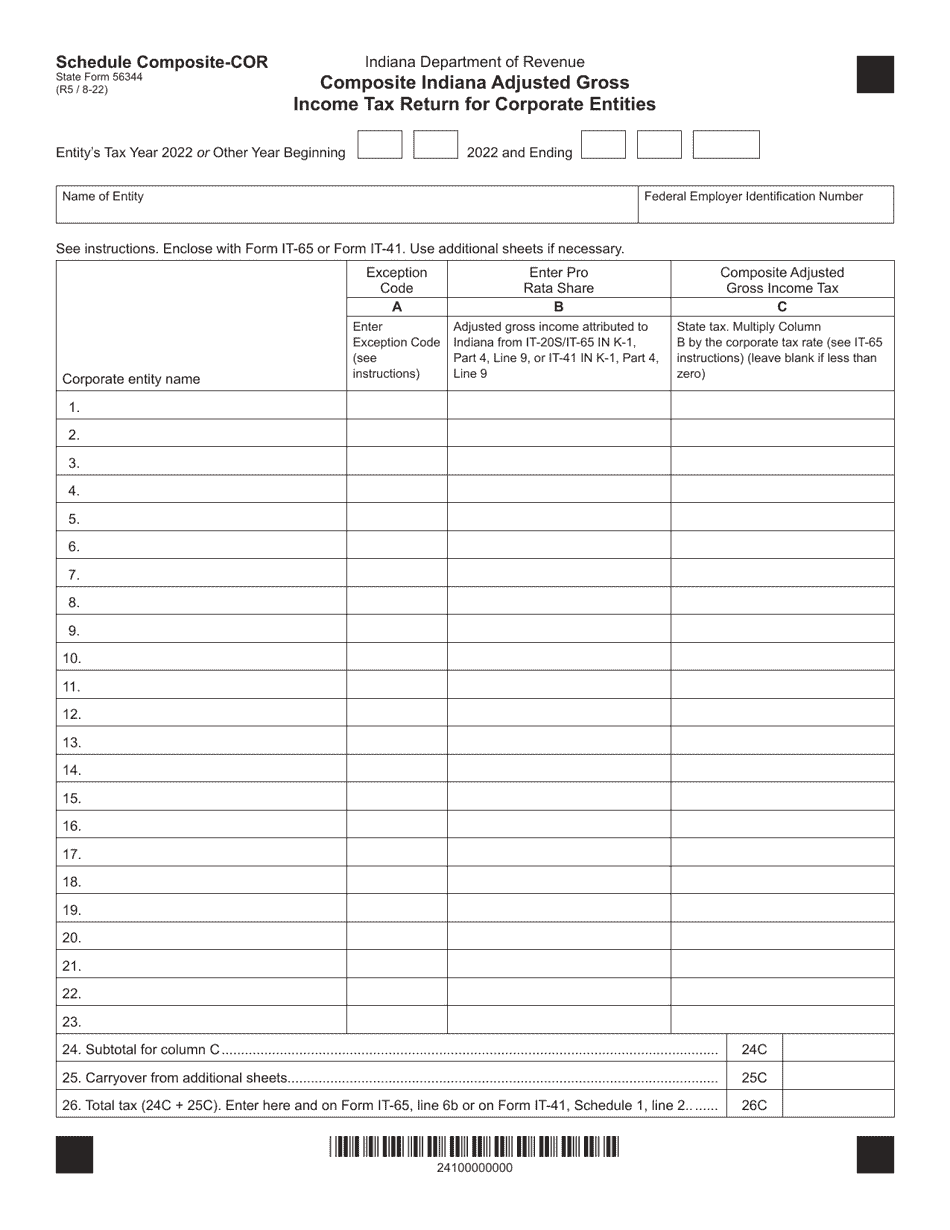 State Form 56344 Schedule COMPOSITE-COR Composite Indiana Adjusted Gross Income Tax Return for Corporate Entities - Indiana, Page 1