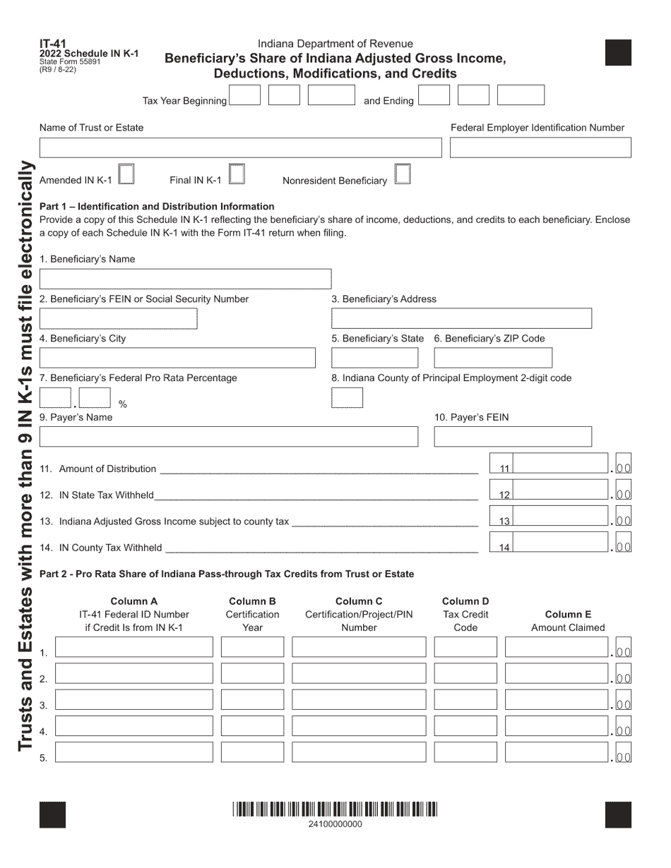 Form IT-41 (State Form 55891) Schedule IN K-1 Beneficiarys Share of Indiana Adjusted Gross Income, Deductions, Modifications, and Credits - Indiana, Page 1