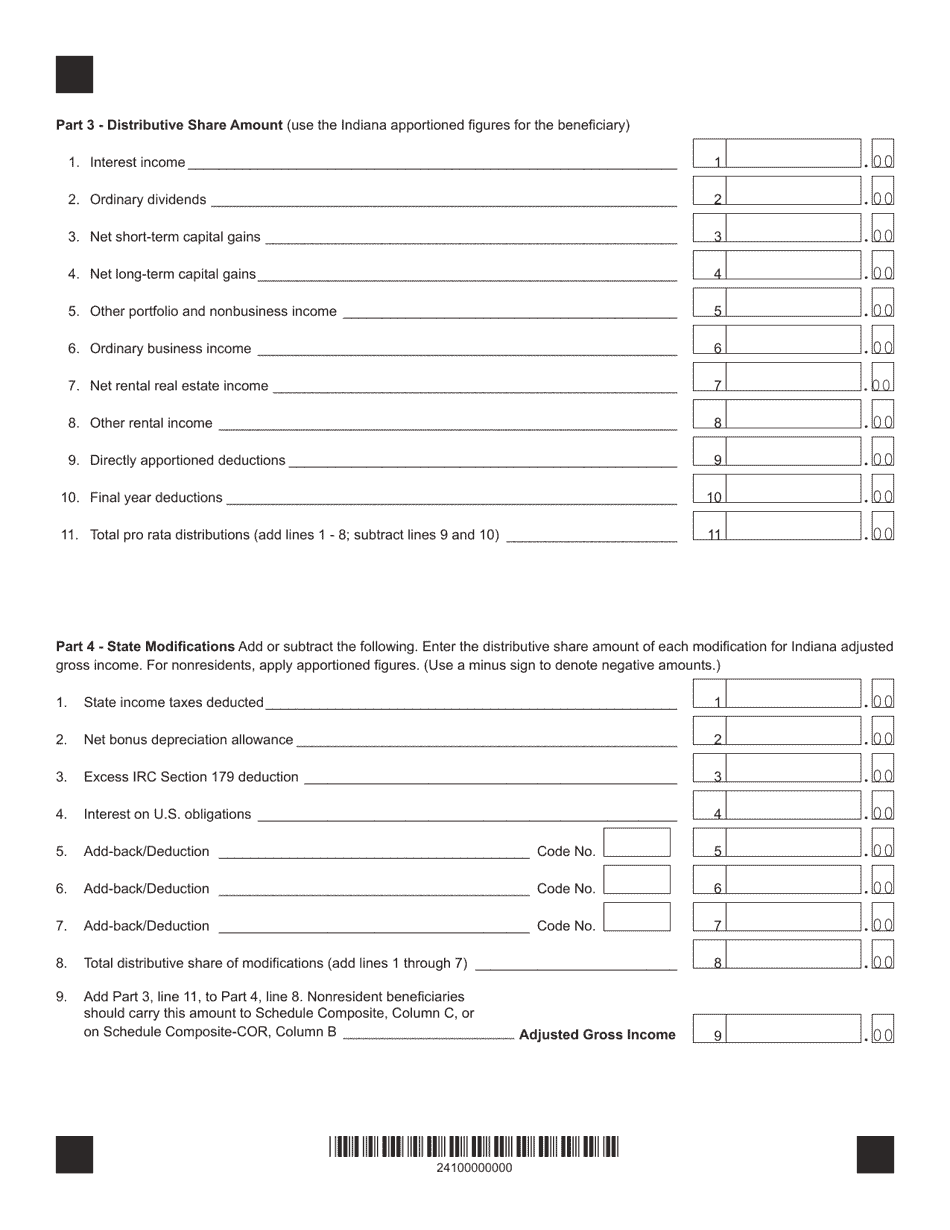 Form IT-41 (State Form 55891) Schedule IN K-1 Beneficiarys Share of Indiana Adjusted Gross Income, Deductions, Modifications, and Credits - Indiana, Page 2
