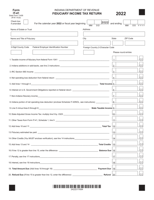 Form IT-41 (State Form 11458) Fiduciary Income Tax Return - Indiana, 2022