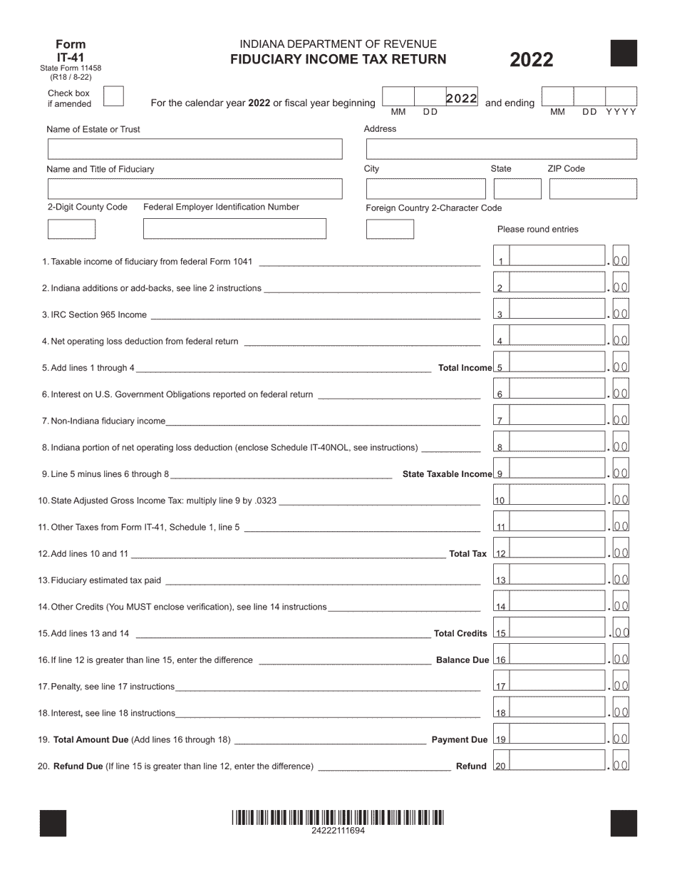 Form IT-41 (State Form 11458) Fiduciary Income Tax Return - Indiana, Page 1