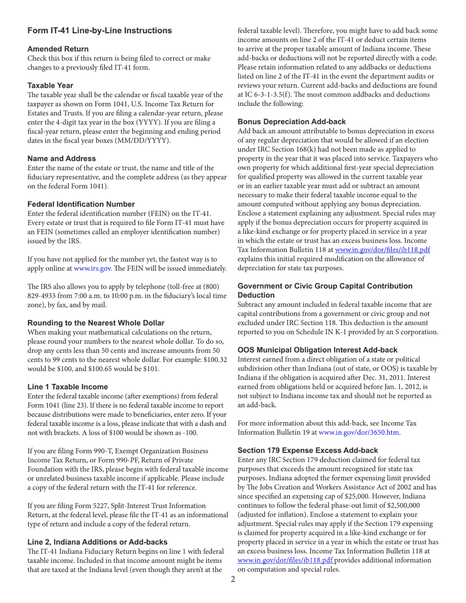 Form IT-41 (State Form 11458) Fiduciary Income Tax Return - Indiana, Page 4