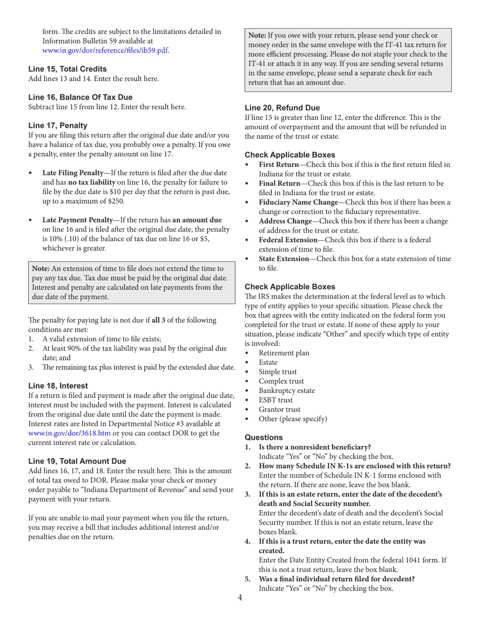 Form IT-41 (State Form 11458) Fiduciary Income Tax Return - Indiana, Page 6