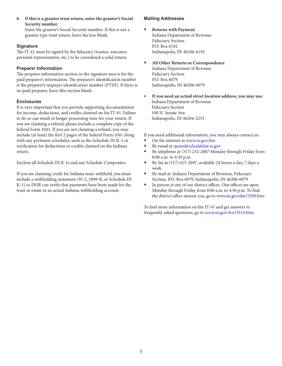 Form IT-41 (State Form 11458) Fiduciary Income Tax Return - Indiana, Page 7