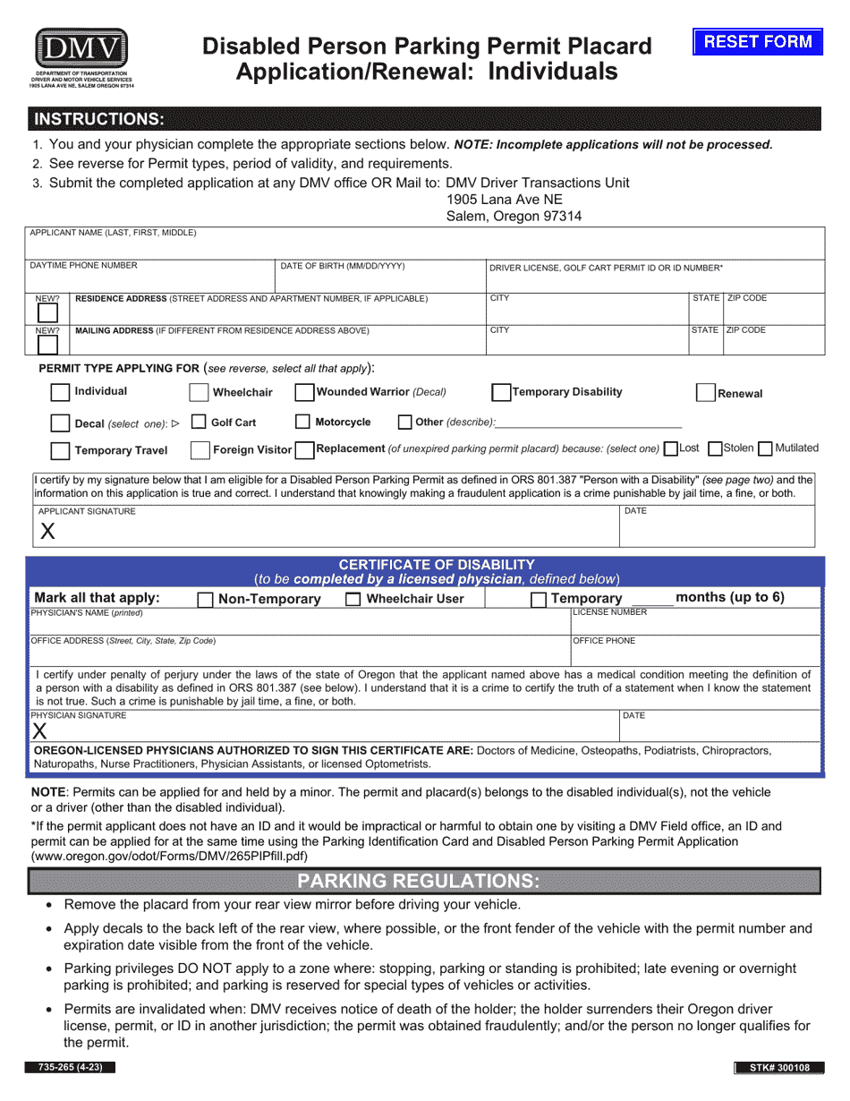 Form 735-265 Disabled Person Parking Permit Placard Application / Renewal - Individuals - Oregon, Page 1