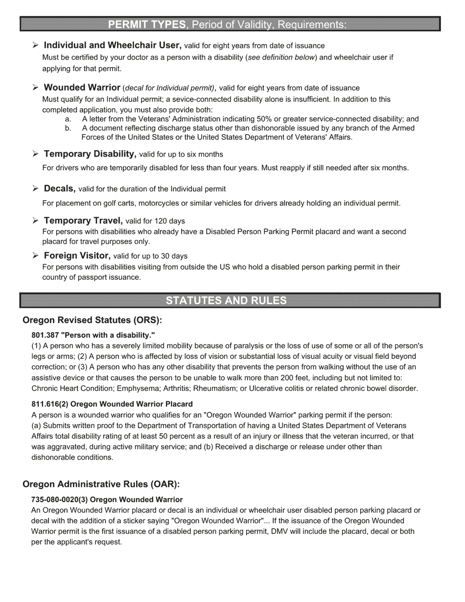 Form 735-265 Disabled Person Parking Permit Placard Application / Renewal - Individuals - Oregon, Page 2