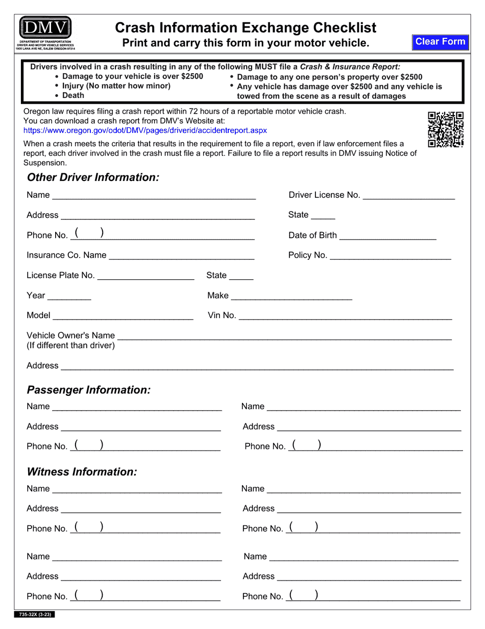 Form 735-32X Crash Information Exchange Checklist - Oregon, Page 1