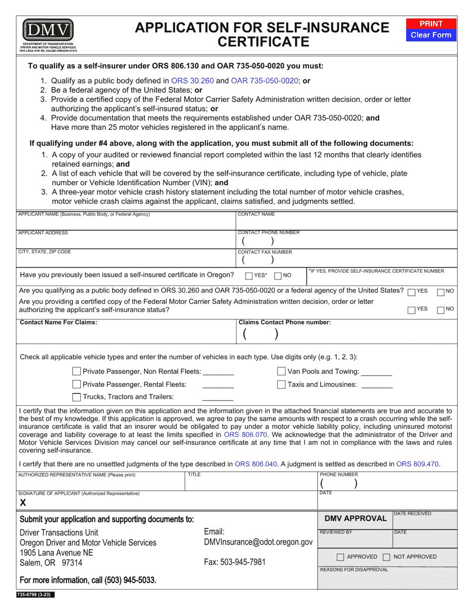 Form 735-6798 Application for Self-insurance Certificate - Oregon, Page 1