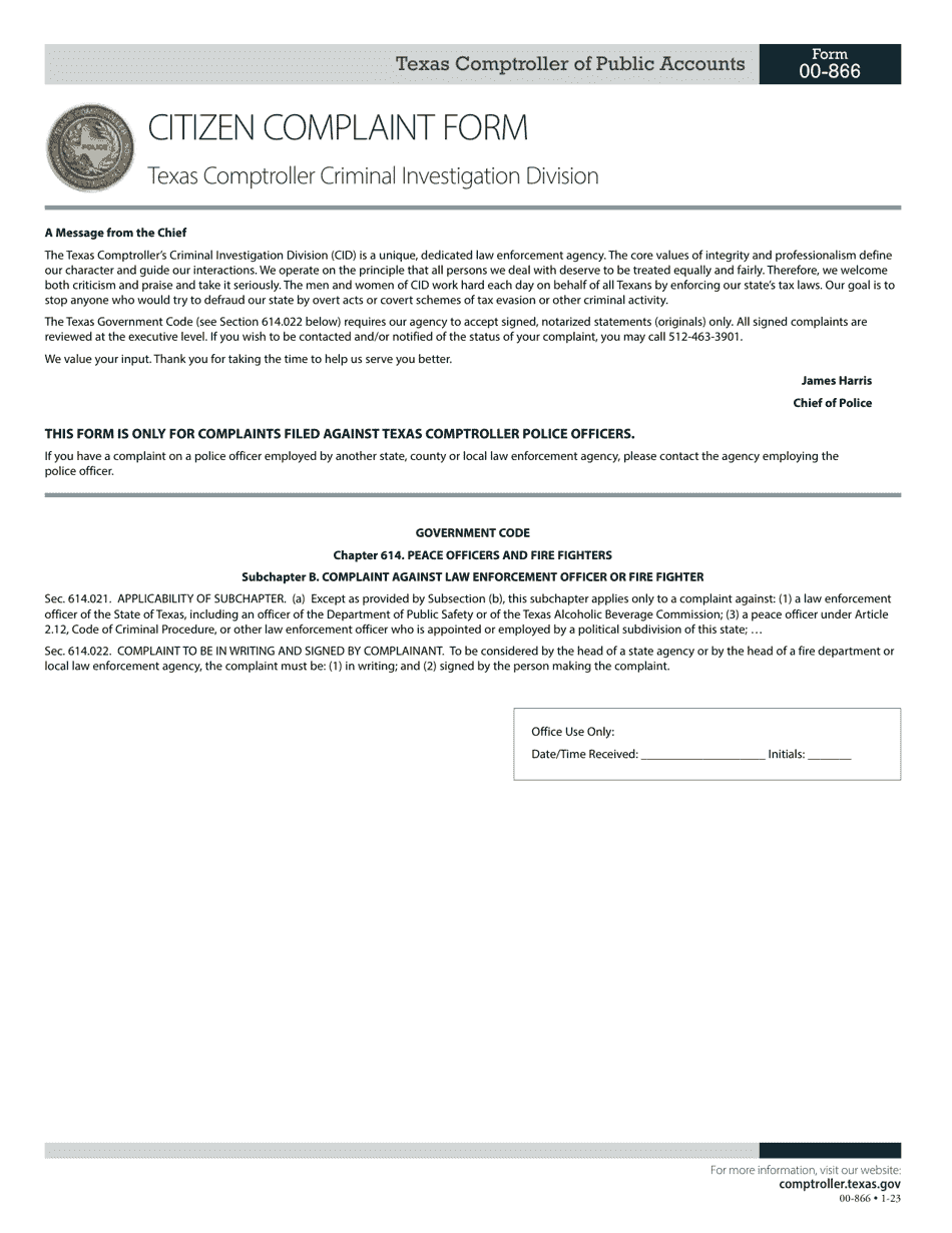 Form 00-866 Citizen Complaint Form - Texas, Page 1
