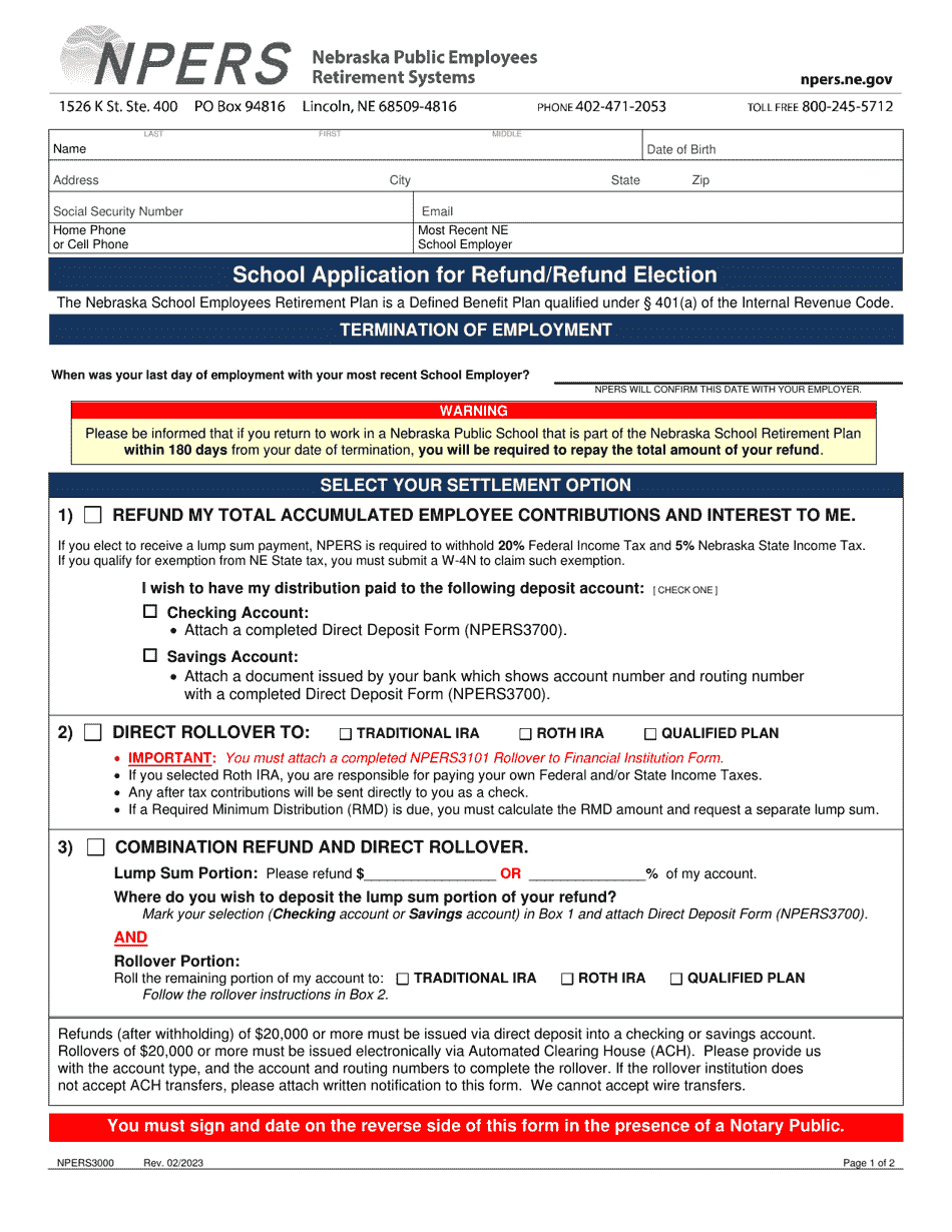 Form NPERS3000 School Application for Refund / Refund Election - Nebraska, Page 1