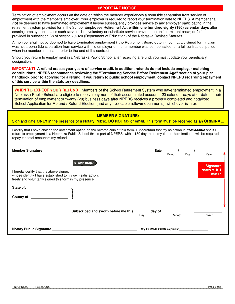 Form NPERS3000 School Application for Refund / Refund Election - Nebraska, Page 2