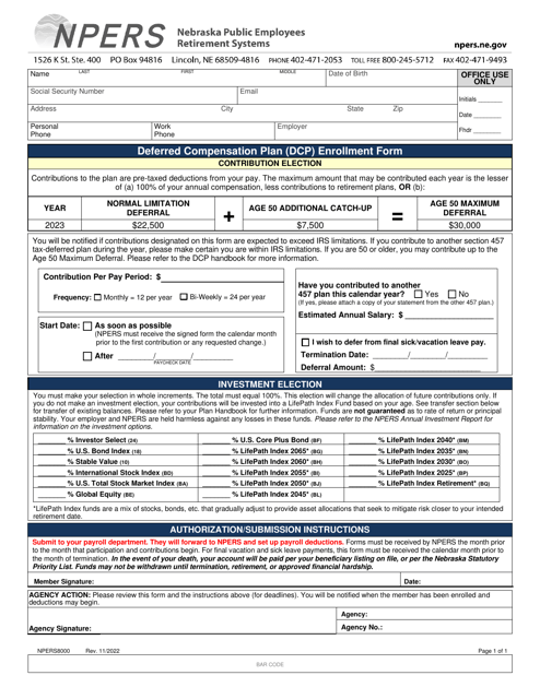 Form NPERS8000 Deferred Compensation Plan (Dcp) Enrollment Form - Nebraska, 2023