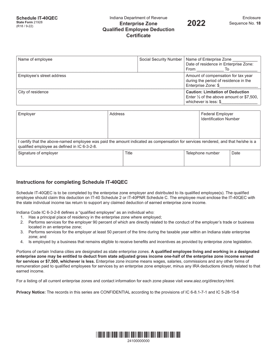 State Form 21928 Schedule IT-40QEC Enterprise Zone Qualified Employee Deduction Certificate - Indiana, Page 1