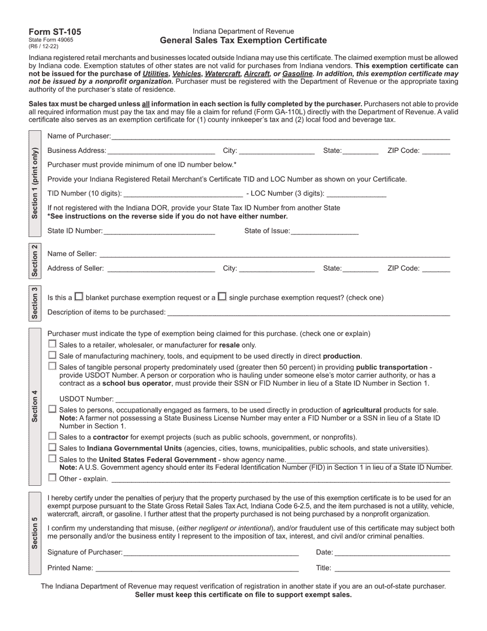 Form ST-105 (State Form 49065) General Sales Tax Exemption Certificate - Indiana, Page 1