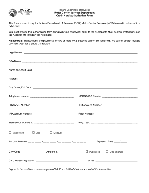 Form MC-CCP (State Form 51694) Credit Card Authorization Form - Indiana