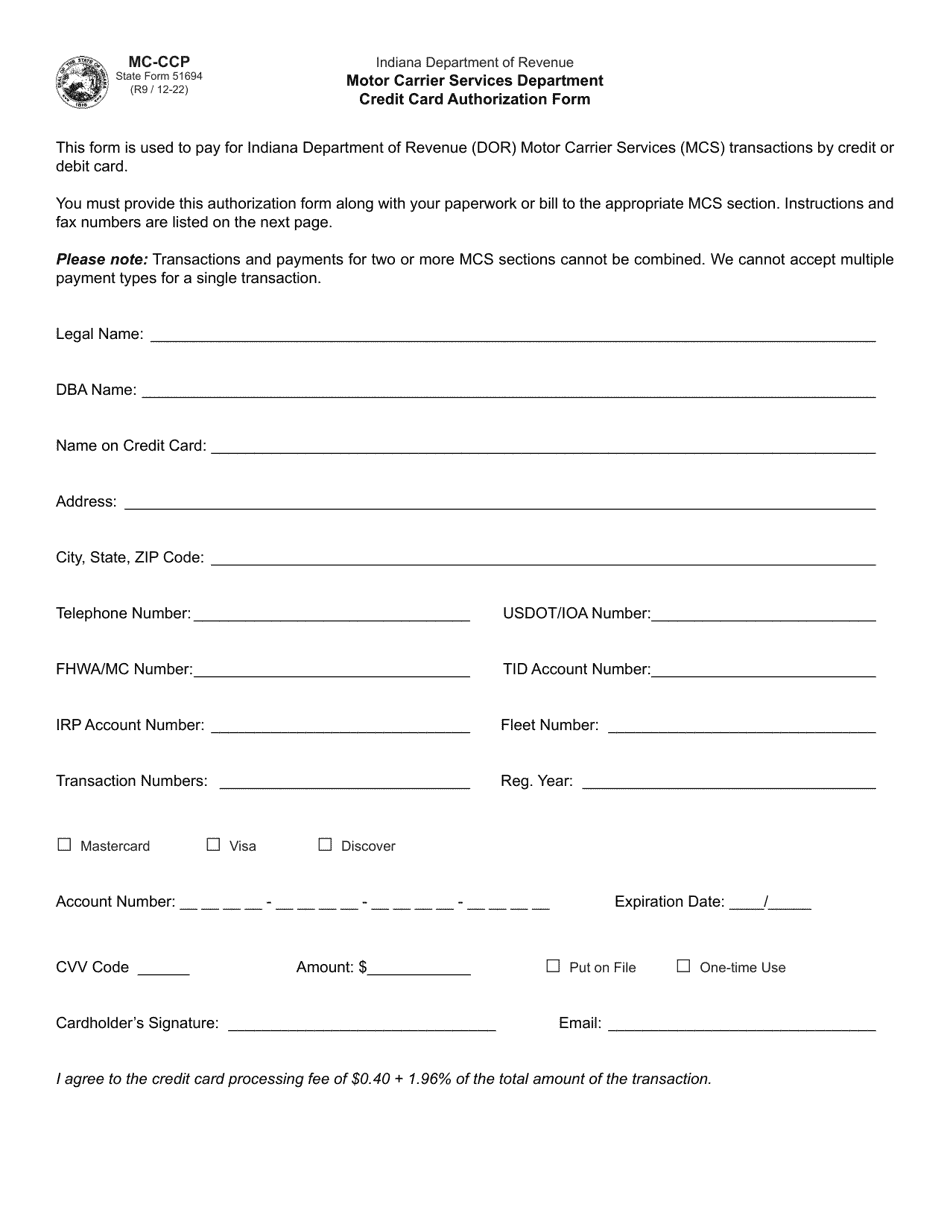 Form MC-CCP (State Form 51694) Credit Card Authorization Form - Indiana, Page 1
