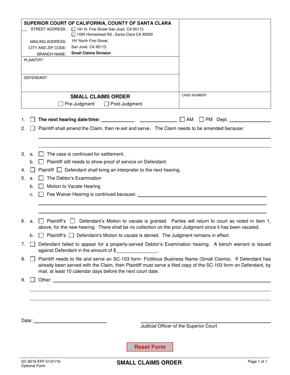 Form SC-8016 Small Claims Order - Santa Clara County, California, Page 1