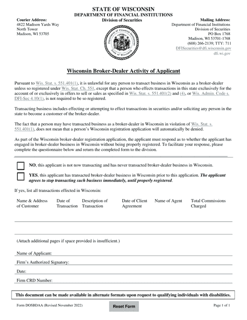 Form DOSBDAA Wisconsin Broker-Dealer Activity of Applicant - Wisconsin