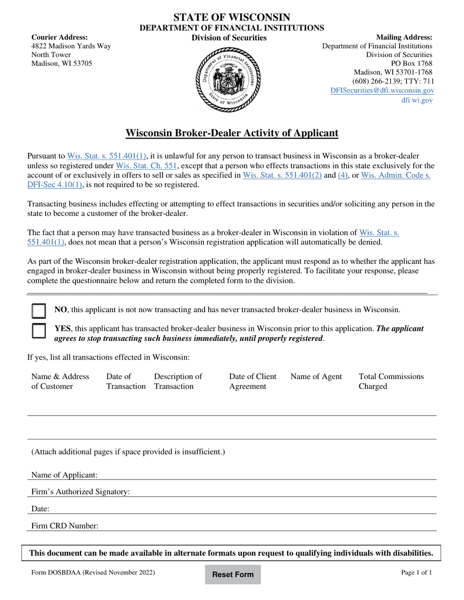 Form DOSBDAA Wisconsin Broker-Dealer Activity of Applicant - Wisconsin, Page 1