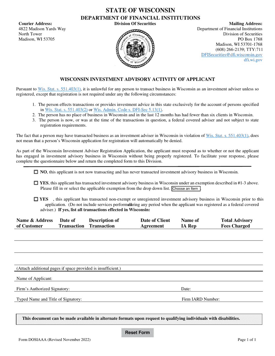 Form DOSIAAA Wisconsin Investment Advisory Activity of Applicant - Wisconsin, Page 1