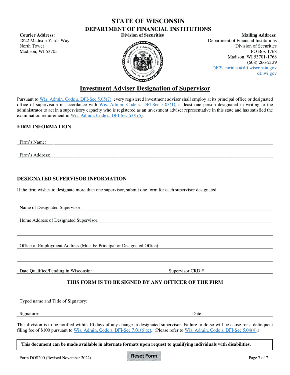 Form DOS200 Wisconsin Investment Adviser Financial Certification - Wisconsin, Page 7