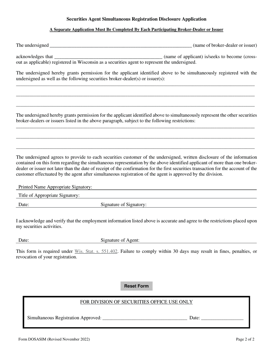 Form DOSASIM Securities Agent Simultaneous Registration Disclosure Application - Wisconsin, Page 2