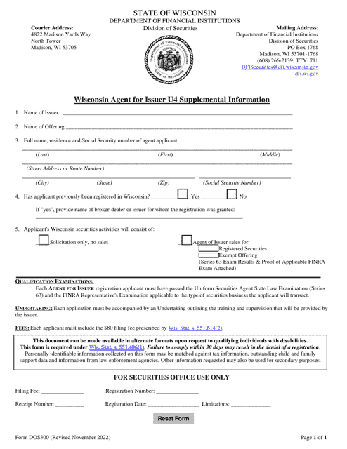 Form DOS300 Wisconsin Agent for Issuer U4 Supplemental Information - Wisconsin