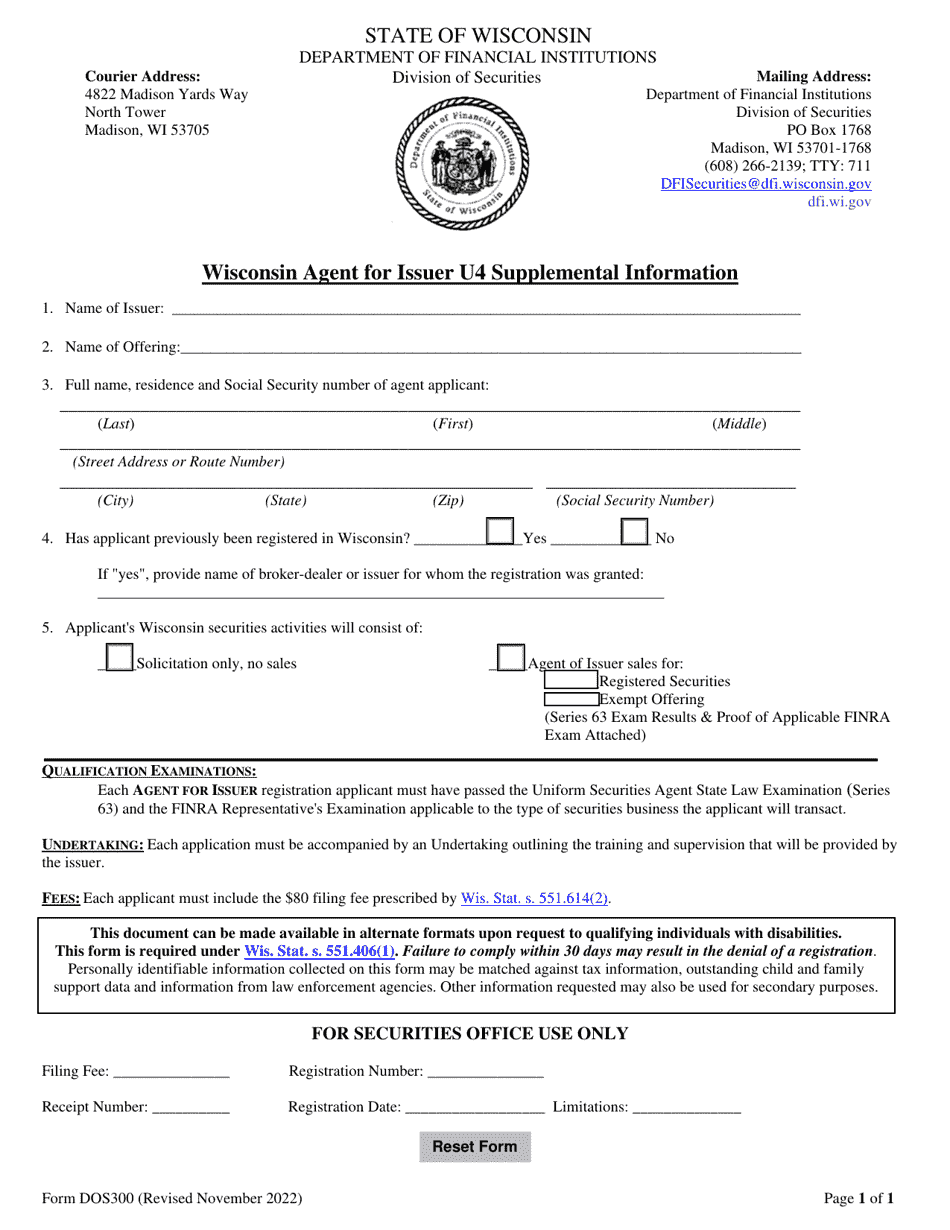 Form DOS300 Wisconsin Agent for Issuer U4 Supplemental Information - Wisconsin, Page 1