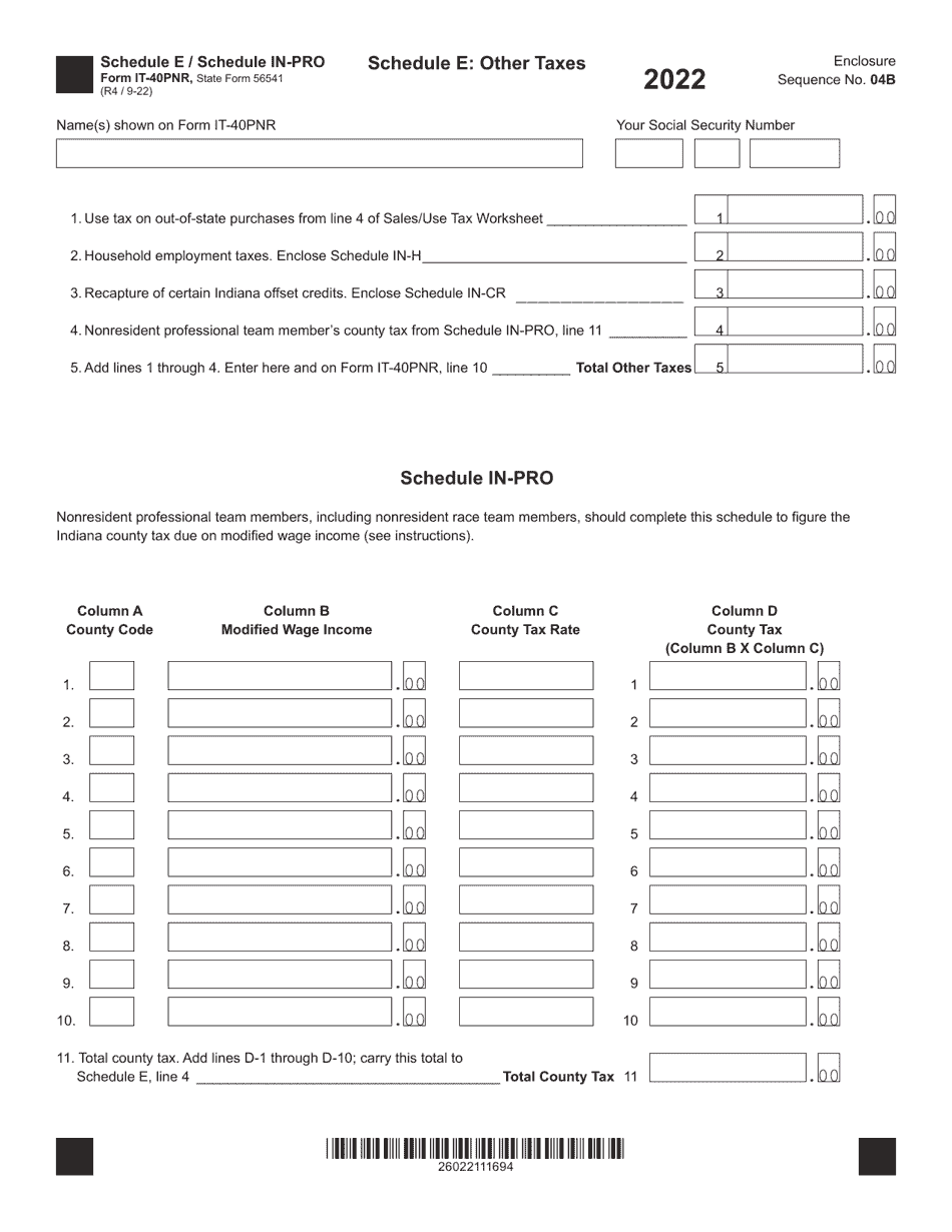 Form IT-40PNR (State Form 56541) Schedule E, IN-PRO Other Taxes / Nonresident Professional Team Members - Indiana, Page 1