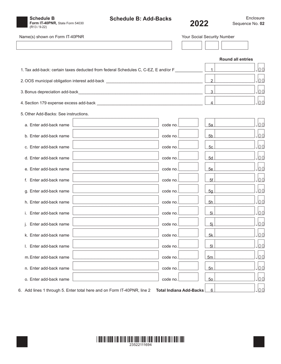 Form IT-40PNR (State Form 54030) Schedule B Add-Backs - Indiana, Page 1