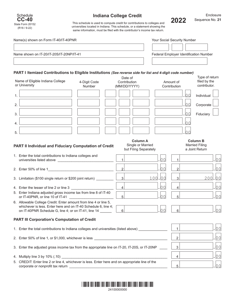 State Form 20152 Schedule CC-40 Indiana College Credit - Indiana, Page 1