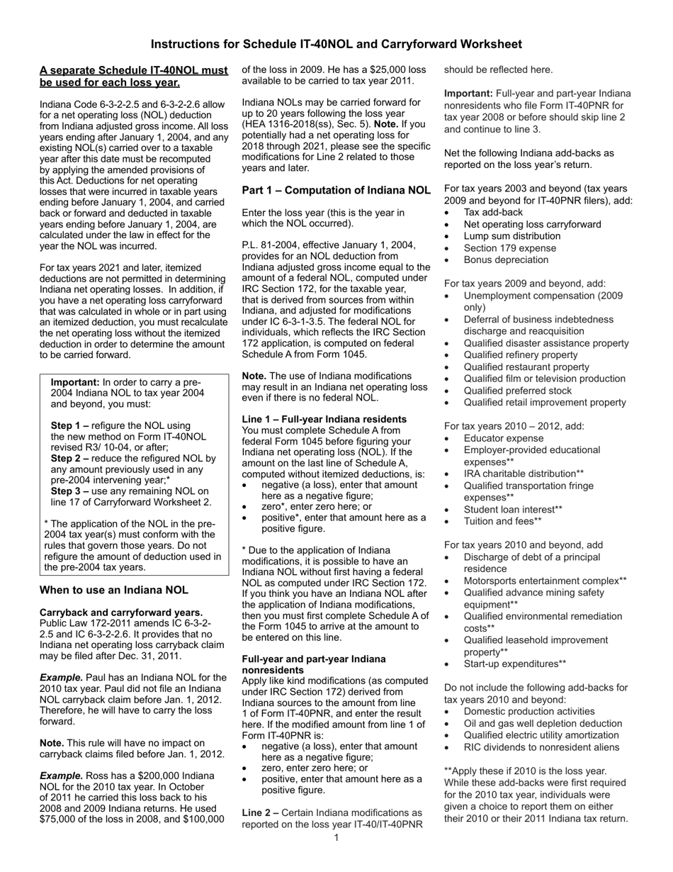 State Form 46004 Schedule IT-40NOL Individual Income Tax Net Operating Loss Computation - Indiana, Page 3