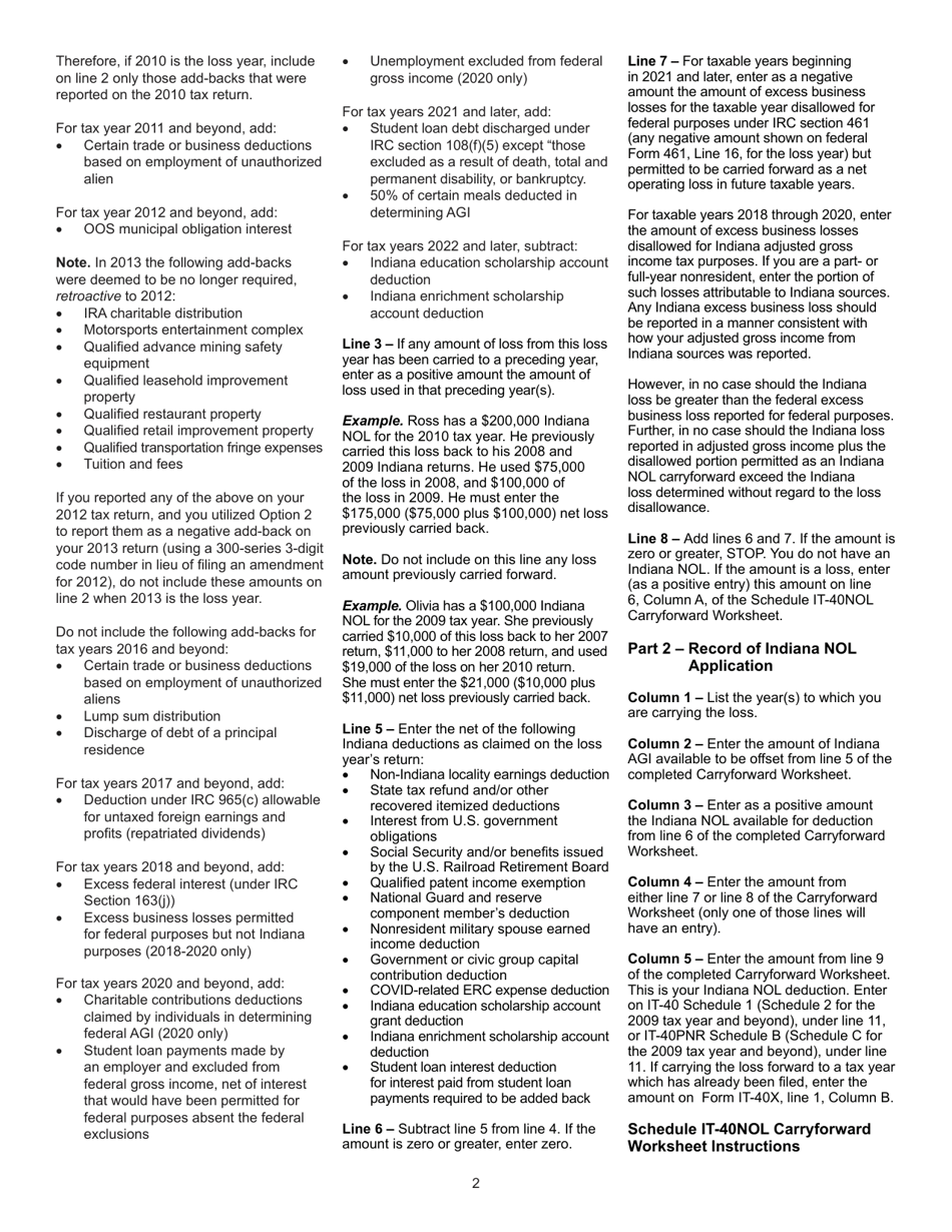 State Form 46004 Schedule IT-40NOL Individual Income Tax Net Operating Loss Computation - Indiana, Page 4
