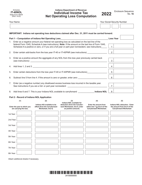 State Form 46004 Schedule IT-40NOL 2022 Printable Pdf