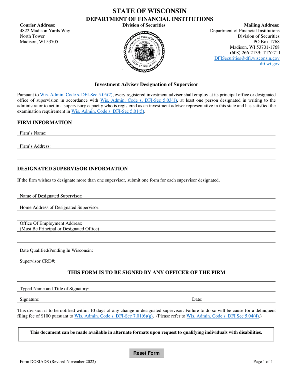 Form DOSIADS Investment Adviser Designation of Supervisor - Wisconsin, Page 1