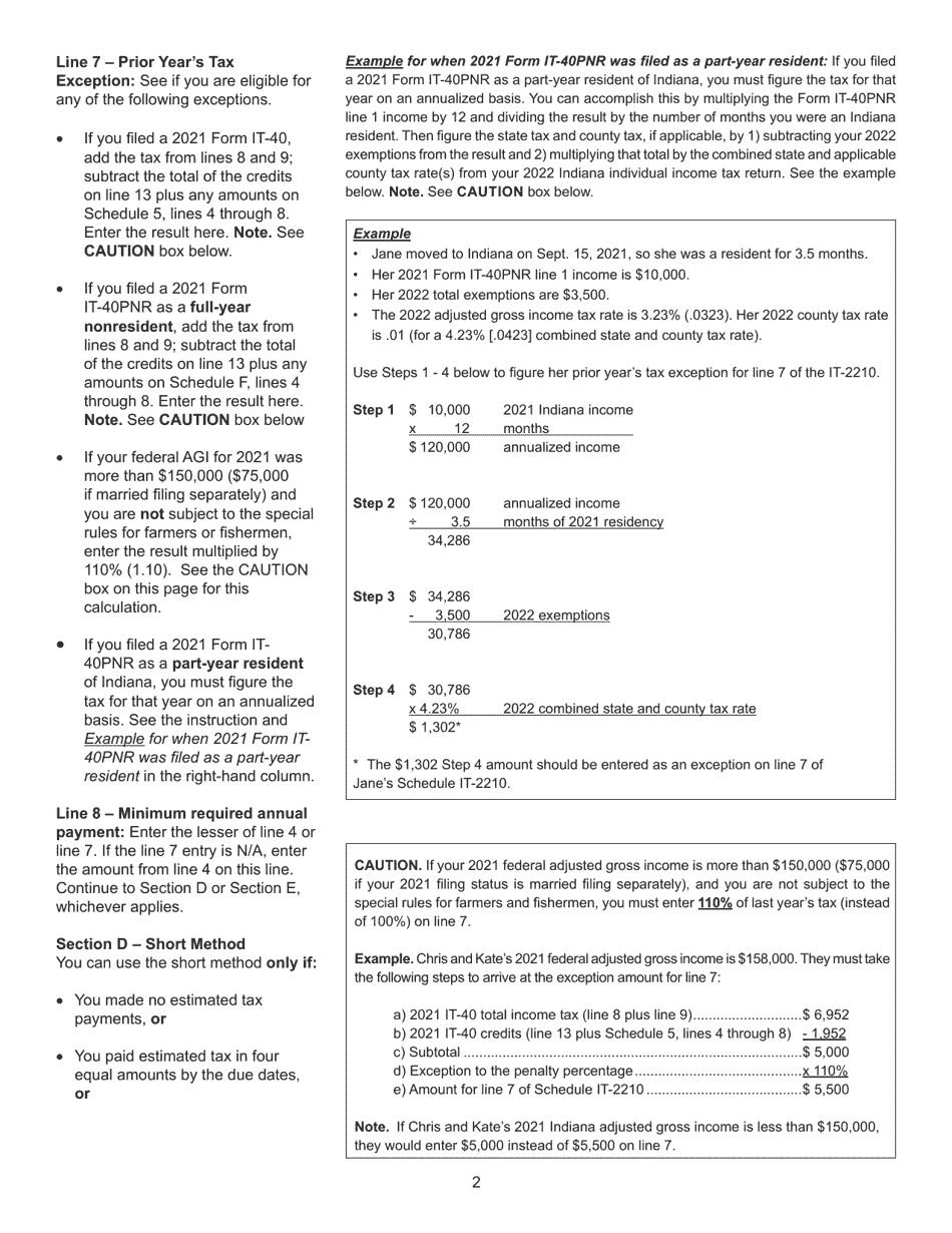 State Form 46002 Schedule IT-2210 Underpayment of Estimated Tax by Individuals - Indiana, Page 3