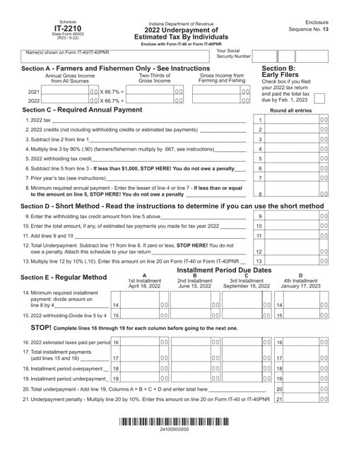 State Form 46002 Schedule IT-2210 2022 Printable Pdf