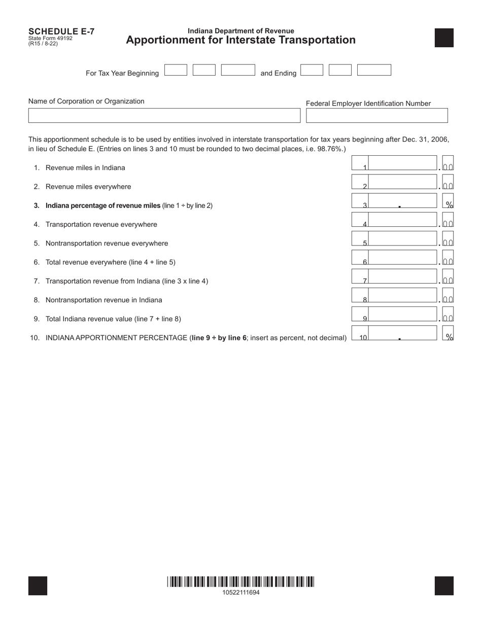 State Form 49192 Schedule E-7 Apportionment for Interstate Transportation - Indiana, Page 1