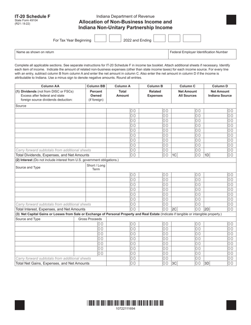 Form IT-20 (State Form 49104) Schedule F Allocation of Non-business Income and Indiana Non-unitary Partnership Income - Indiana, 2022
