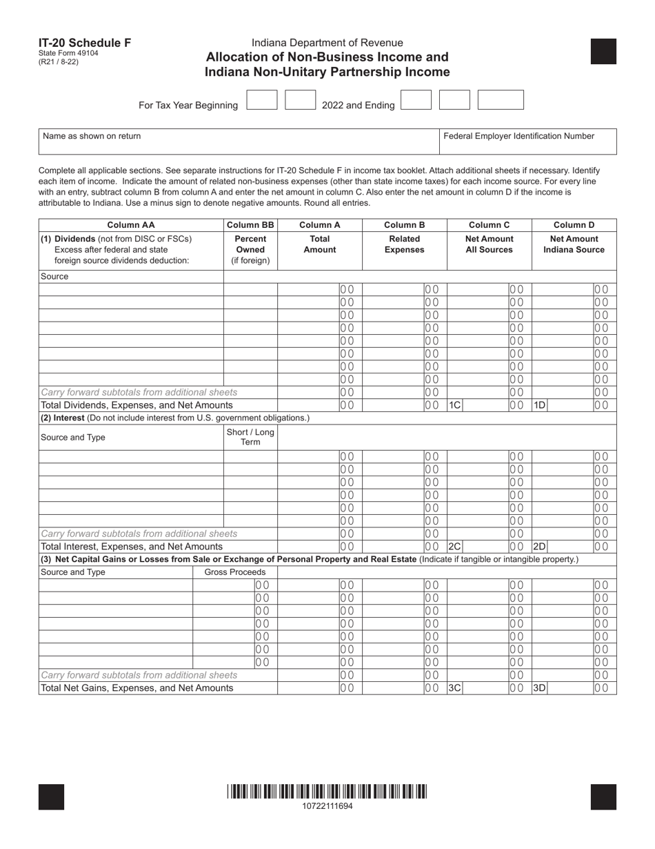 Form IT-20 (State Form 49104) Schedule F Allocation of Non-business Income and Indiana Non-unitary Partnership Income - Indiana, Page 1
