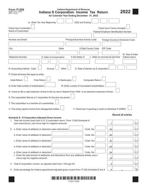Form IT-20S (State Form 10814) Indiana S Corporation Income Tax Return - Indiana, 2022