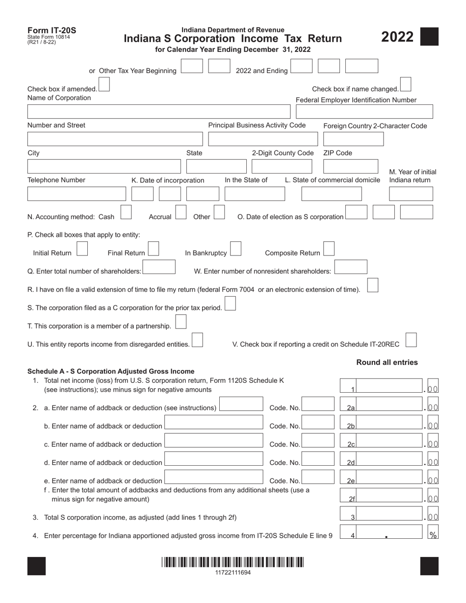 Form IT-20S (State Form 10814) Indiana S Corporation Income Tax Return - Indiana, Page 1