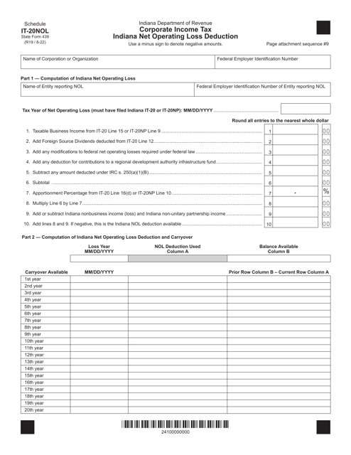 State Form 439 Schedule IT-20NOL  Printable Pdf