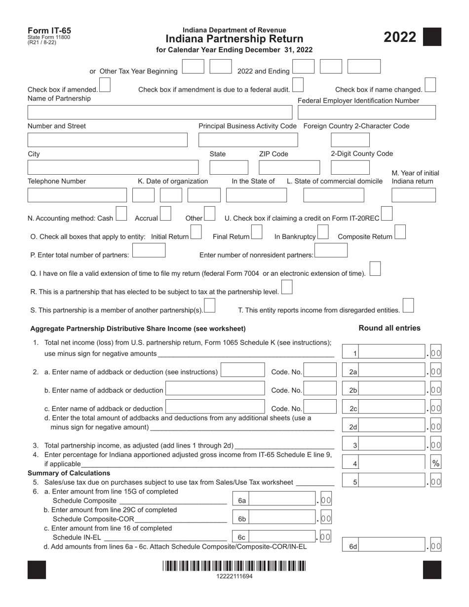 Form IT-65 (State Form 11800) Indiana Partnership Return - Indiana, Page 1