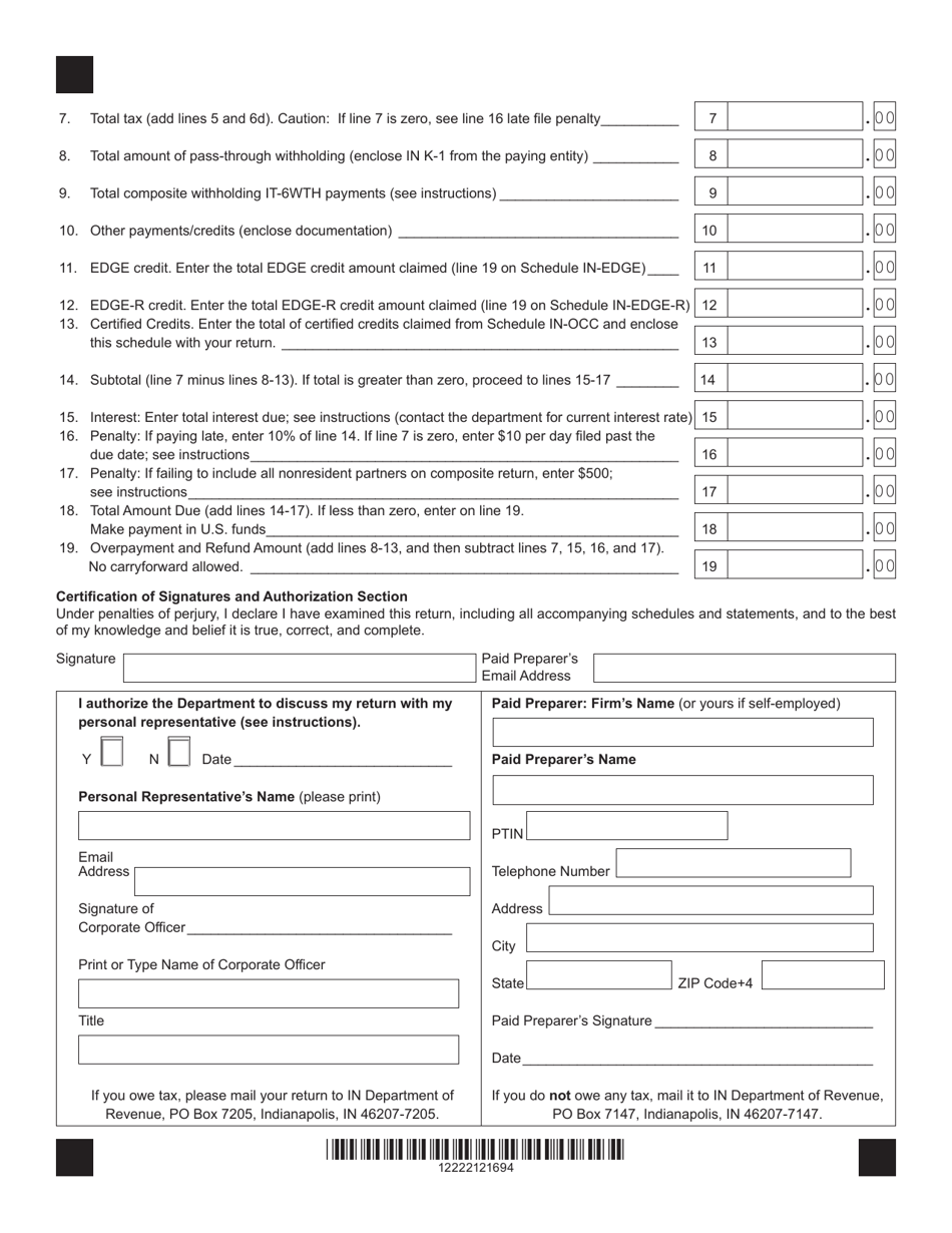 Form IT-65 (State Form 11800) Indiana Partnership Return - Indiana, Page 2