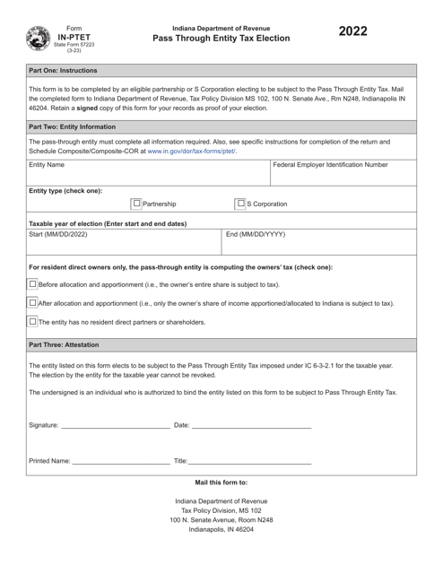 Form IN-PTET (State Form 57223) 2022 Printable Pdf