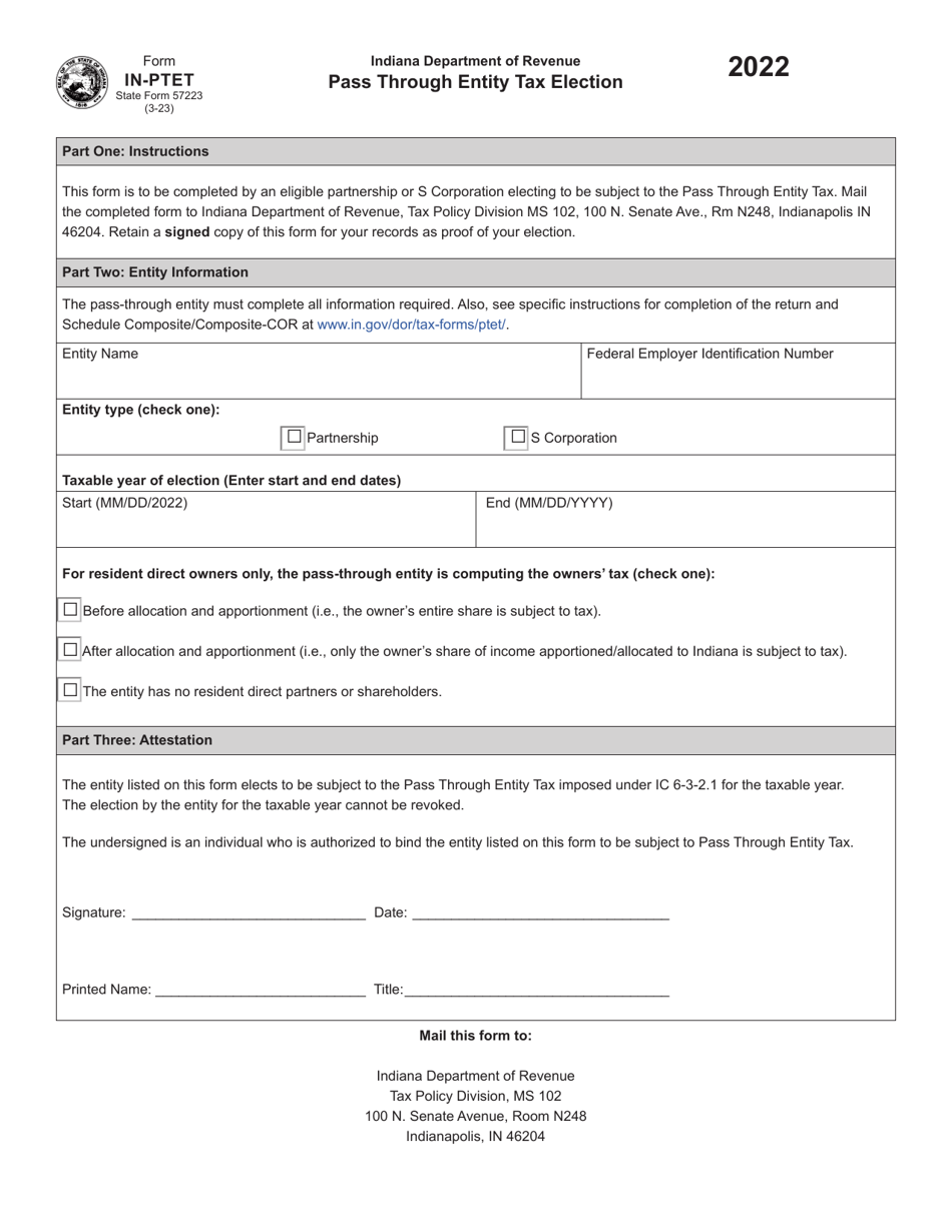 Form INPTET (State Form 57223) 2022 Fill Out, Sign Online and