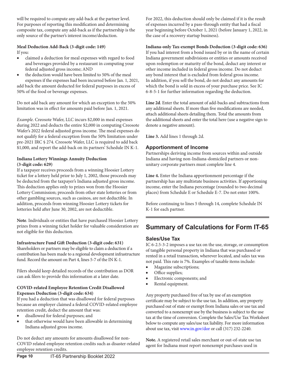 Instructions for Form IT-65, State Form 11800 Schedule COMPOSITE, COMPOSITE-COR, E, IN K-1 - Indiana, Page 10